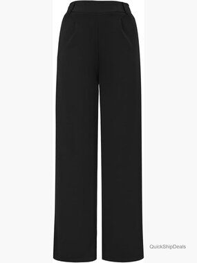 Wide Leg Work Pants High Waist Pull On Elastic Waistband Slacks Thick Fabric